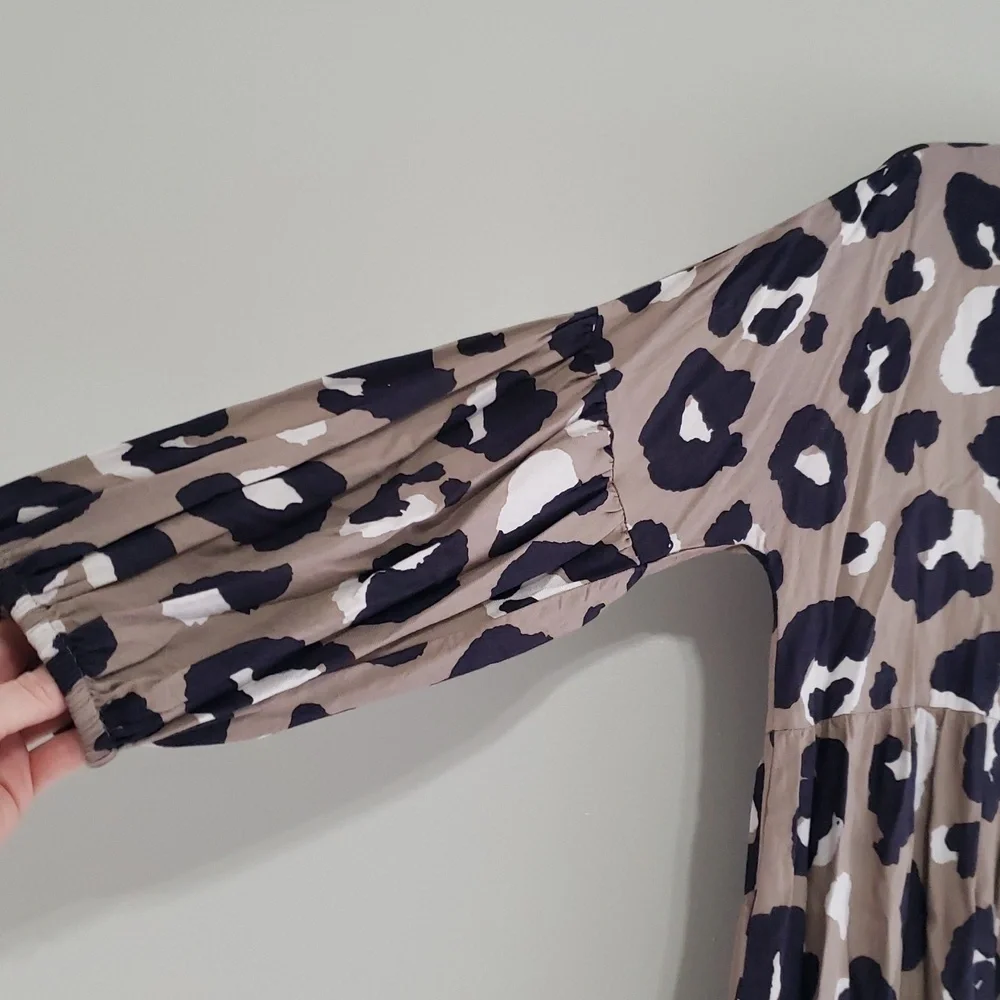 Mud Pie Cow Print Mini Shirtdress Small Tan Black Long Sleeve Tier Babydoll